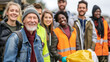 © EVGENIA - A cheerful diverse group of volunteers with one senior man in front, all wearing casual clothes and safety vests, ready for community service