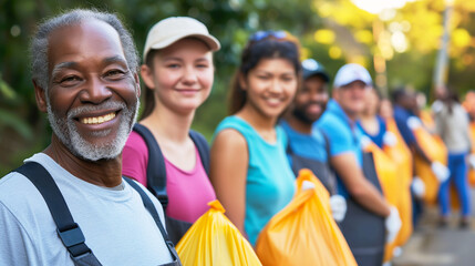 Group of diverse volunteers in a sunlit park, happily holding orange garbage bags for a neighborhood clean-up event. They wear casual clothing and gloves, ready for community service