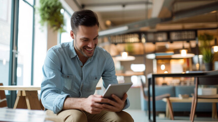 Canvas Print - young man smiling and looking at a tablet in a well-lit café or restaurant.