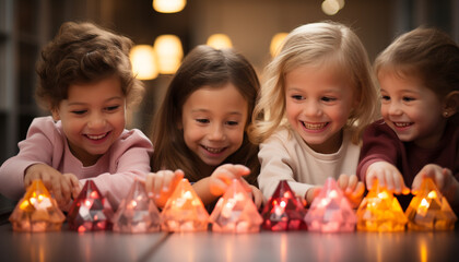 Poster - Children playing, smiling, bonding, celebrating Christmas with family and friends generated by AI