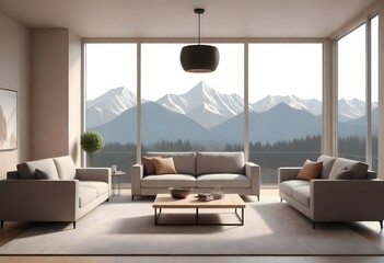 A modern living room with a large window providing a view of mountains, featuring a sectional sofa, two armchairs, a coffee table, a floor lamp, and a shelving unit. The room has a neutral color palet