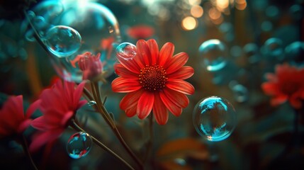 Wall Mural -  a close up of a red flower with bubbles in the foreground and a blurry background of water droplets on the bottom of the petals and bottom of the petals.