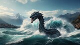 Fototapeta Sport - Sea serpent emerging out of the water creating large waves with mountains in the background 