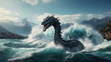 Sea Serpent Emerging Out Of The Water Creating Large Waves With Mountains In The Background 
