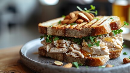 Sticker -  a sandwich with chicken, lettuce, and almonds on a plate with a glass of beer and a glass of beer on the table in the background.