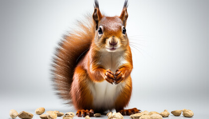 Wall Mural - Cute fluffy rodent sitting, looking at camera, on white generated by AI