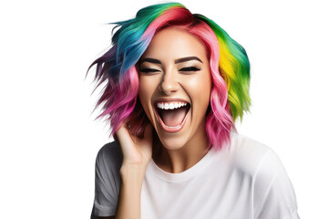 Wall Mural - a high quality stock photograph of a single happy young woman with colored hair laughs and screams with joy isolated on white background