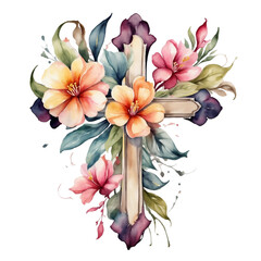 Wall Mural -  graphics for Easter, wooden cross with flowers