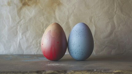 Wall Mural -  a couple of eggs sitting next to each other on top of a piece of paper with a white wall in the background and a red and blue egg in the foreground.