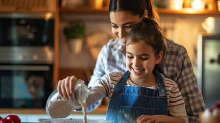 Poster - woman and a young girl are smiling and baking together in a home kitchen.