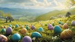 © Olga - a painting of many colored eggs in a field of grass with mountains in the background and a blue sky with white clouds in the distance, with a few white daisies in the foreground.
