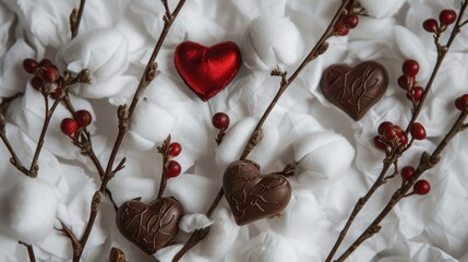 Wall Mural -  a close up of marshmallows and chocolate hearts on a bed of white flowers with a red heart in the middle of the middle of the photo,.