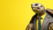 a beautiful tortoise wearing a suit with a tie on a plain yellow background on the left side of the image and the right side blank for text