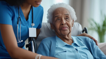 Sticker - healthcare worker in blue scrubs is caring for an elderly woman in a wheelchair, offering her comfort and assistance.