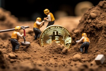 Wall Mural - A group of toy workers digging out a bitcoin from dirt. Concept of bitcoin mining as the future digital payment currency. Photorealistic.