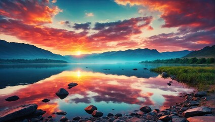 Wall Mural - stunning sunrise over the lake with vibrant colors reflecting in the water