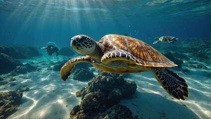 Wall Mural -  tranquil scene of sea turtles gliding through azure waters, illuminated by the dappled sunlight filtering through the waves 