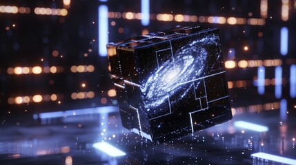 Futuristic cube with glowing lines on dark background