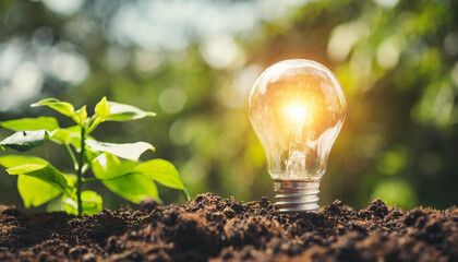 Wall Mural - lightbulb tree with sunlight on soil. concept save world and energy power
