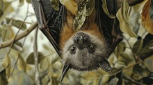  A Painting Of A Bat Hanging Upside Down On A Tree Branch With Leaves In The Foreground And A Blurry Background.
