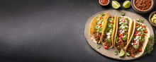 Top View Of Mexican Street Tacos With Miced Meat, Fresh Cilantro, Tomato And Lime Wedges. Wide Banner With Copy Space For Text