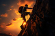 © Design M - hiker hanging from a mountain holding a rope, sunrise warm sun light background with copy space