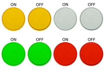 Wall Mural - Colored on off buttons - gold , silver , green and red buttons that turn a device or task in a program on or off on isolated transparent background