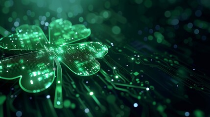 A sparkling green digital shamrock integrated into a dark electronic circuit board. St. Patricks Day and information technology concept