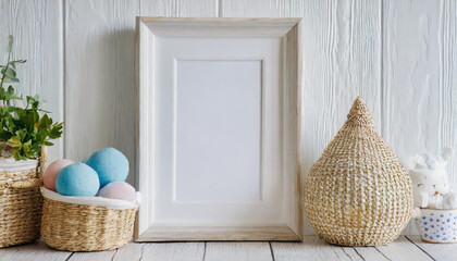 Mock up poster frame in children room with natural wooden furniture on beige background, 3d render