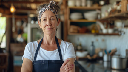 Sticker - content and confident middle-aged female chef with a headscarf and apron, smiling and standing with crossed arms in a well-equipped kitchen