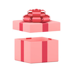 Wall Mural - Pink squared open gift box with red bow ribbon feminine present 3d icon realistic vector