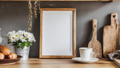 Frame mockup in kitchen interior background, Farmhouse style, 3d render,Modern poster frame mockup, minimal room design on white interior background, wooden frames mock up,