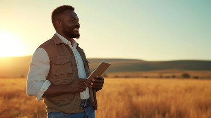 Sticker - person in a field using a tablet with another person in the background, presumably engaged in agricultural activities.