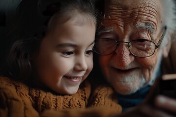 His granddaughter teaches his grandfather how to use the mobile phone.