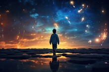 A Child Gazes At Golden Lights Under A Starry Sky. Mystical And Enchanting.