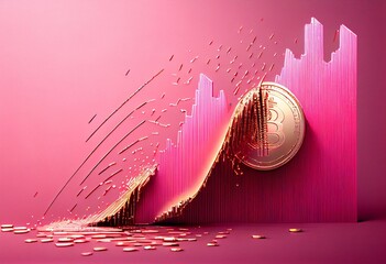 Metallic graph line and chart, falling bitcoins on pink background. Generative AI