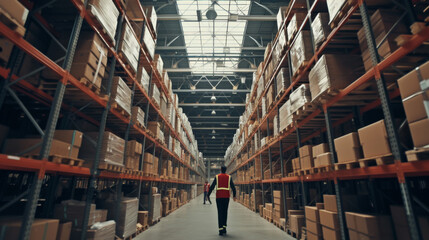 Wall Mural - two workers in safety vests having a conversation in the aisle of a large warehouse filled with high shelving units stocked with boxes.