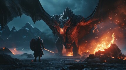 Angry evil dragon with red eyes and fire flames confronted with a medieval warrior.