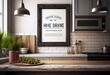 Mock up poster frame in kitchen interior background close-up, 3d render. Generative AI