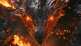 Fototapeta  - Close-up view of an angry evil dragon with red eyes and fire flames.