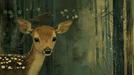 Poster -  a painting of a deer in a forest with a bird perched on it's back and a bird perched on the back of it's head.