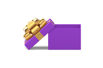 Wall Mural - Luxury violet squared open gift box with golden bow ribbon 3d icon realistic vector illustration