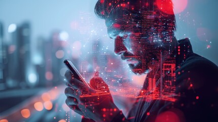 Digital revolution. A man with a smartphone is looking at a holographic smart grid at night