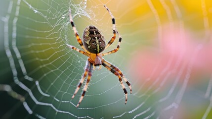  a close up of a spider on it's web in the center of a flowered area with a blurry background.
