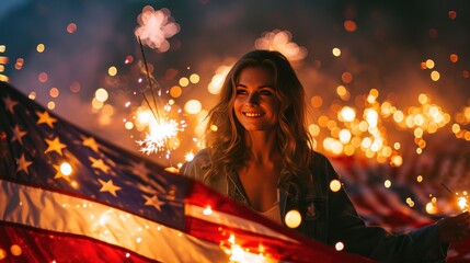 A lady playing with sparkler fireworks with US national flag to celebrate Independence Day.