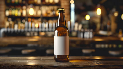 Blank beer bottle mockup on the bar background