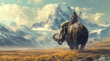 A Warrior Riding A Mammoth In Wild Prehistoric Times. Fantasy And Surreal.