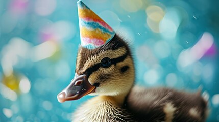 Wall Mural - Duckling with birthday hat, generative ai