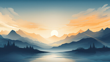 Poster - Minimalist illustration of a mountainous landscape with low sun