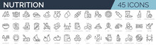Set Of 45 Outline Icons Related To Nutrition. Linear Icon Collection. Editable Stroke. Vector Illustration